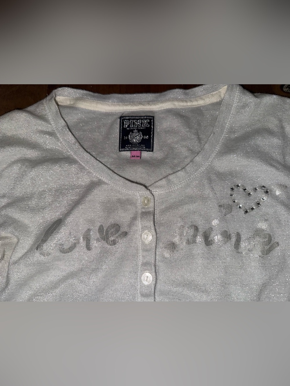 Y2K Victoria’s Secret Love Pink Silver Metallic Shimmer Bling Logo Henley Top M